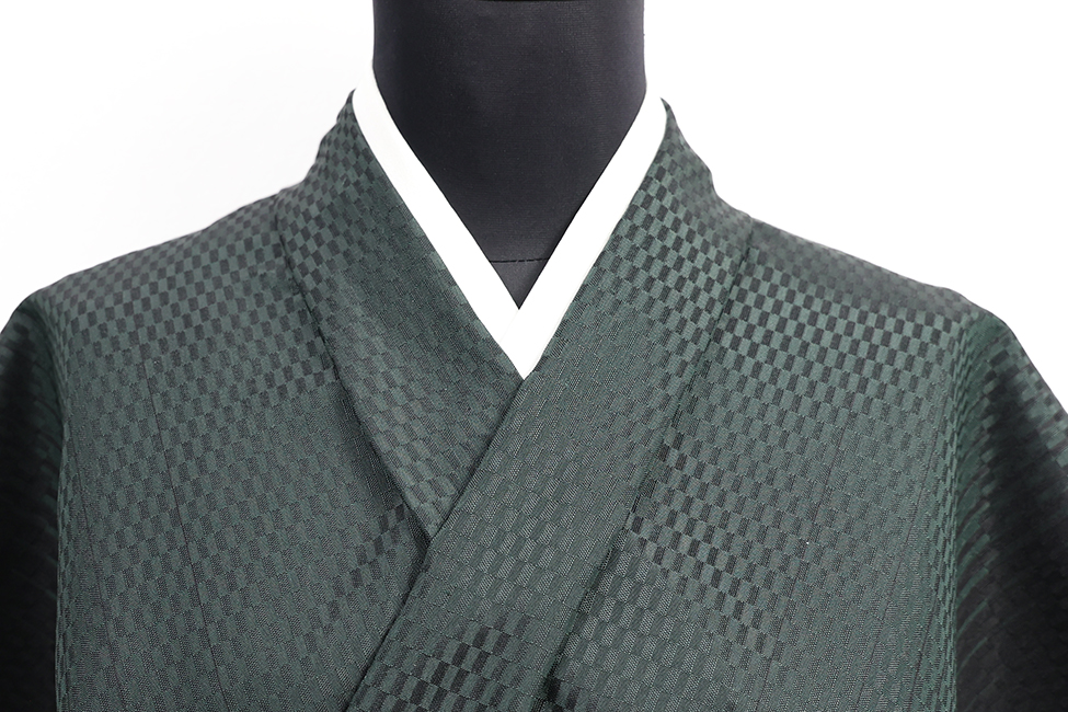 正絹 お召し 広幅 彩市松 黒×深緑