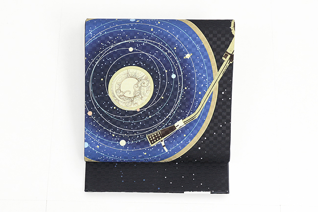 召しませ花 正絹 名古屋帯 お仕立て上がり品 宇宙レコード 紺×青