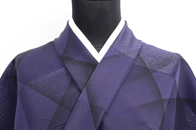 正絹 着物 小紋 市松 幾何学 ぼかし染 青紫