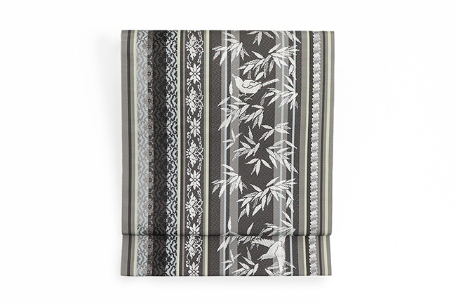 【価格はお問い合わせください】 西村織物 博多織 正絹 八寸名古屋帯 平八寸 什宝間道 カササギ  濃灰×水色