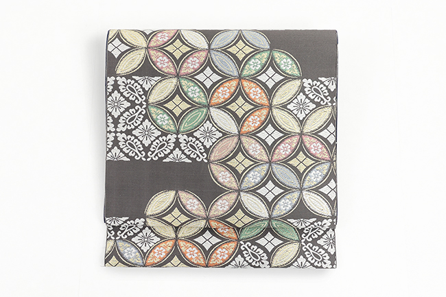 京都 西陣 正絹 九寸名古屋帯 花七宝繋ぎ 灰色