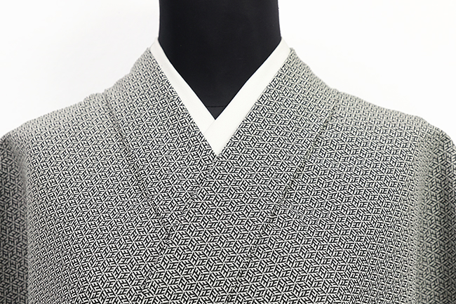 ワタマサ 洗える正絹 【お召し】アラ・エル 正六角  灰色×黒