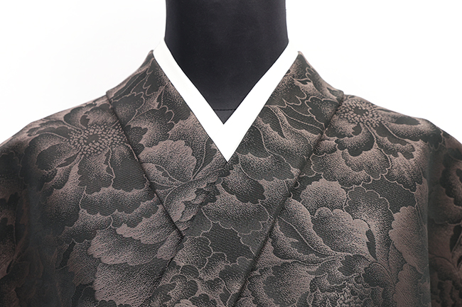 ワタマサ 洗える正絹 【お召し】  牡丹づくし 焦茶