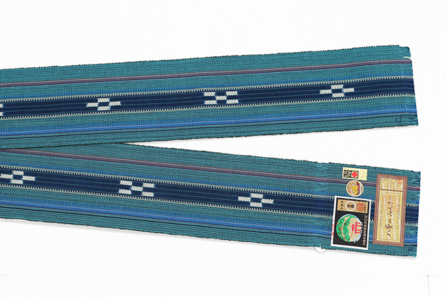 沖縄 伝統的工芸品 八重山ミンサー 木綿 角帯 青緑×紺