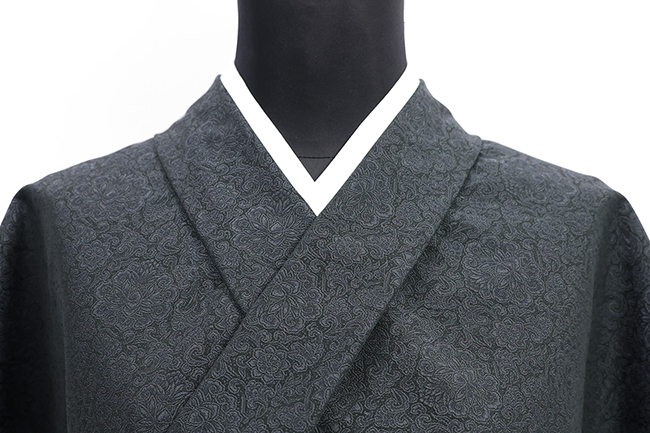 ワタマサ 洗える正絹 【お召し】 千八三重織 広幅 アラベスク花紋 黒