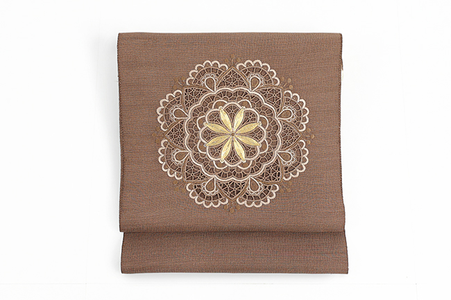 正絹 九寸名古屋帯 カットワークレース 刺繍 茶