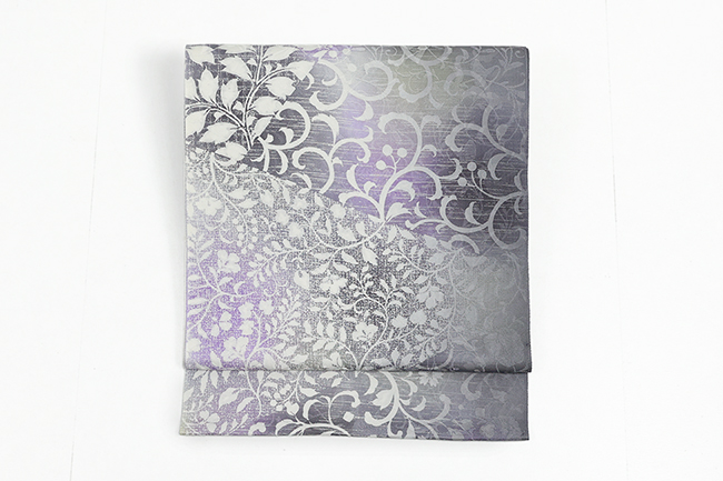 あづまやオリジナル 小室庵 黒木織物 正絹 九寸名古屋帯 裂取り更紗 灰色×紫