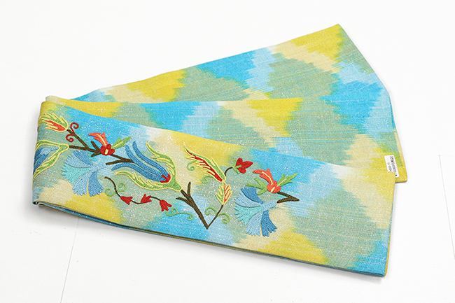 ウズベキスタン 半幅帯 絣 イカット HSO-11 黄色×水色