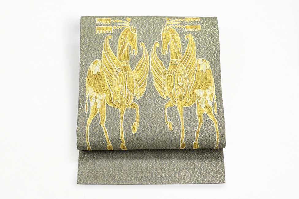 ウズベキスタン 九寸名古屋帯 正絹 お仕立て上がり品 スザニ刺繍 絣 イカット NSO-62 カーキ×黄色