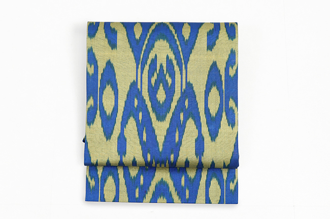 ウズベキスタン 九寸名古屋帯 正絹 お仕立て上がり品  絣 イカット ANO-07 青×黄緑