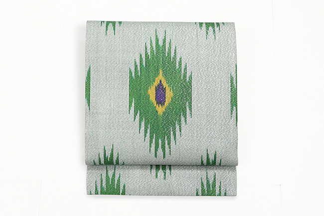 ウズベキスタン 九寸名古屋帯 正絹 お仕立て上がり品  絣 イカット ANO-54 灰×緑