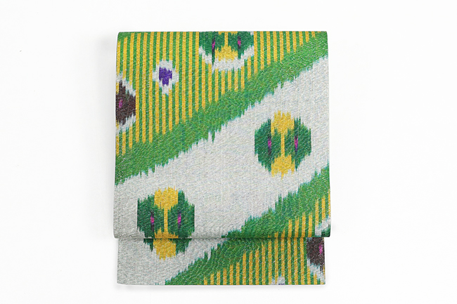 ウズベキスタン 九寸名古屋帯 正絹 お仕立て上がり品  絣 イカット RANO-52 緑×灰