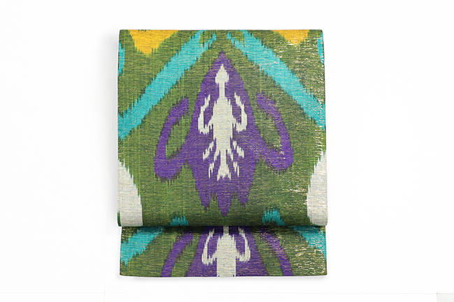 ウズベキスタン 九寸名古屋帯 正絹 お仕立て上がり品  絣 イカット RANO-48 緑系