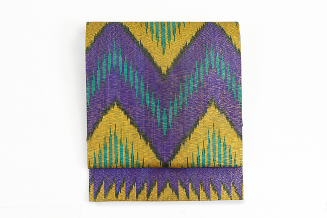 ウズベキスタン 九寸名古屋帯 正絹 お仕立て上がり品  絣 イカット RANO-30 緑×黄色×紫