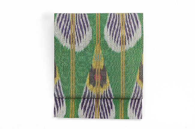 ウズベキスタン 九寸名古屋帯 正絹 お仕立て上がり品  絣 イカット RANO-14 緑×黄色