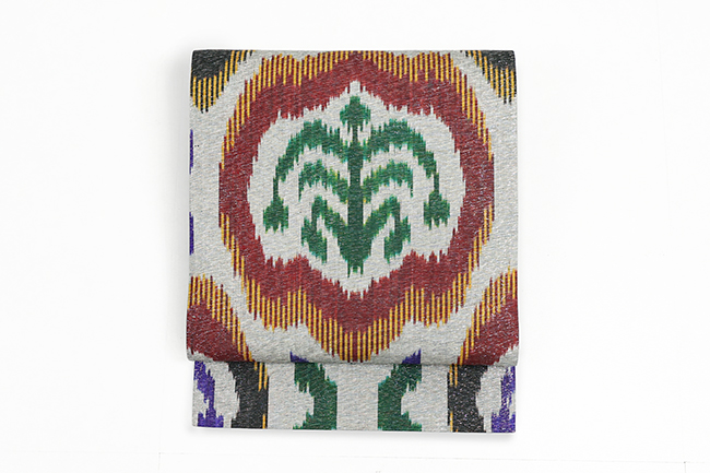 ウズベキスタン 九寸名古屋帯 正絹 お仕立て上がり品  絣 イカット RANO-09 灰色系