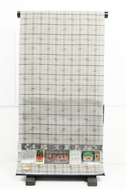 伝統的工芸品 久米島紬 正絹 着物 紬 草木染め 格子 灰色×茶