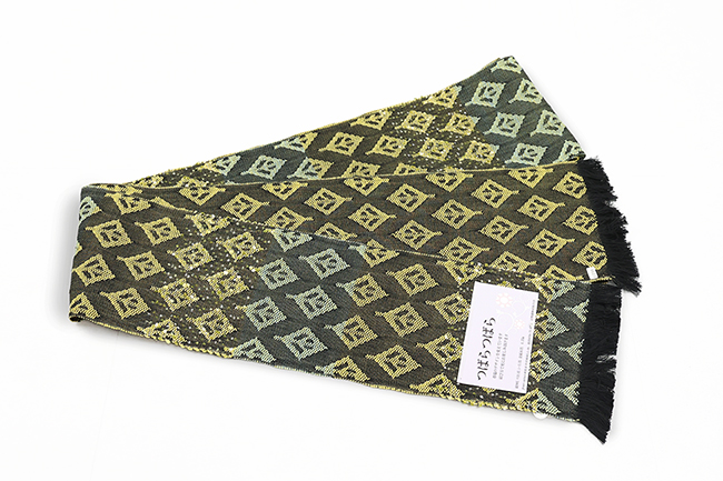 米沢織 近賢織物 綿 半幅帯 つばらつばら 菱形リーフ 黒×黄色