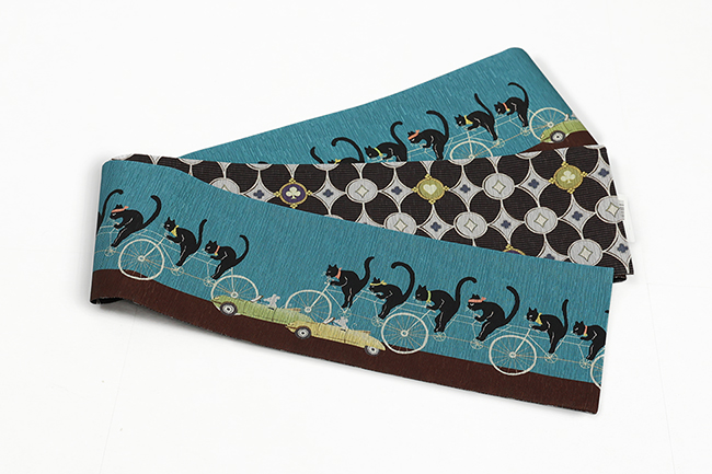 召しませ花 正絹 半幅帯 リバーシブル ネコ サイクリング トランプ 青緑