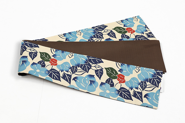 召しませ花 正絹 半幅帯 カタキチ 沖縄本紅型 ブーゲンビリア 生成り×青