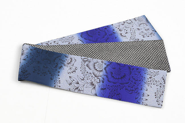 むつろ謹製 正絹 半幅帯 辻が花柄ｘ鹿の子柄 青紺灰ロウケツ