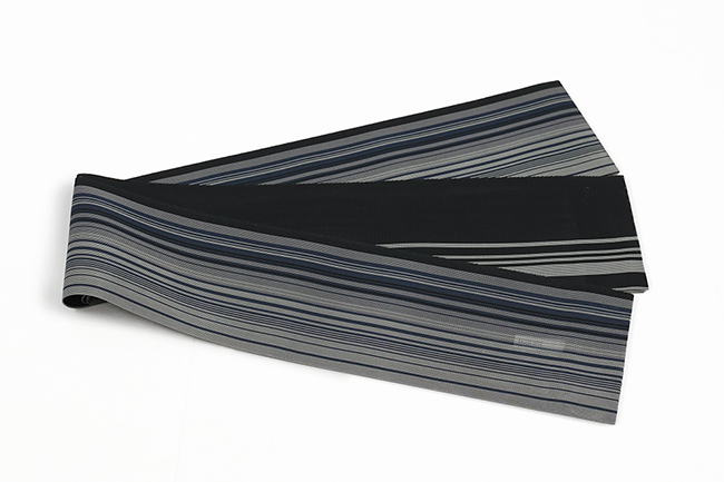 博多織 黒木織物 正絹 半幅帯 夏帯 紗 縞 黒×濃灰色