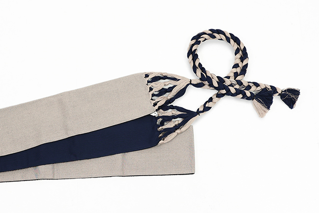 米沢織 近賢織物 宝来屋 綿 角帯 一見楽着 無地 ベージュx紺 リバーシブル