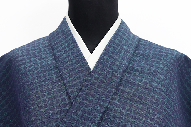 米沢木綿 綿麻着物  紋KIPPE(きっぺ) めんこあさ 広幅 タイル 紺ｘ青