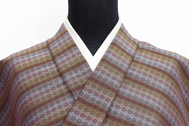 米沢木綿 綿麻着物  紋KIPPE(きっぺ) めんこあさ 広幅 タイル 赤紫黄灰