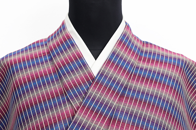 米沢織 綿麻着物 夏KIPPE(きっぺ) 涼しま 広幅 縞 多色ボーダー ピンク×青 ◆男女兼用◆