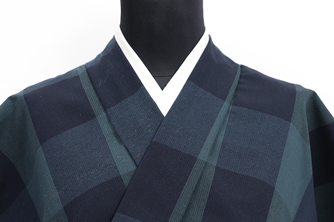 片貝木綿 木綿着物 紺仁工房 チェック 濃灰緑×紺