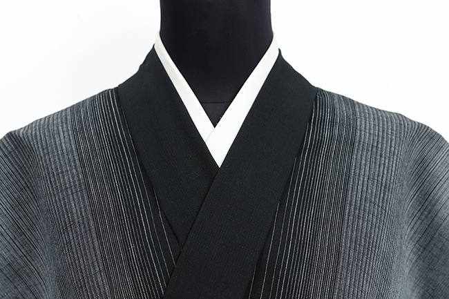 片貝木綿 木綿着物 紺仁工房 縞 黒×灰色