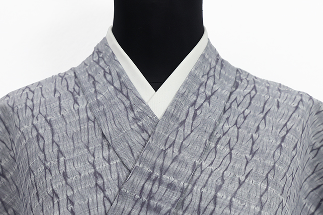 片貝木綿 木綿着物 紺仁工房 普段着きもの 縫締め絞り 杢目絞り 灰色