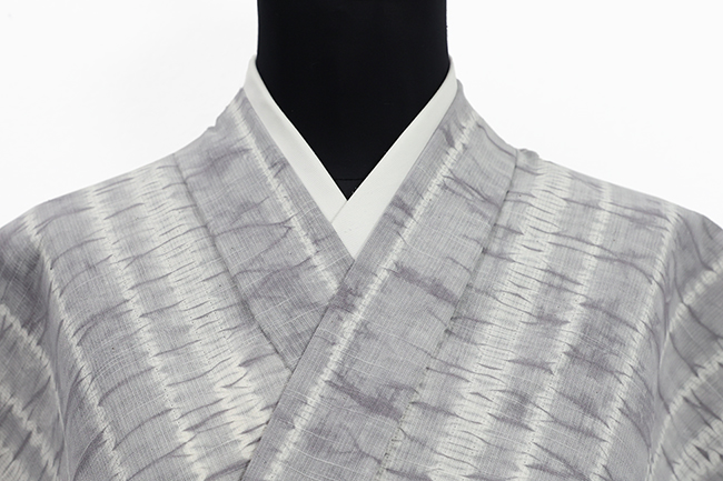 片貝木綿 木綿着物 紺仁工房 普段着きもの 縫締め絞り ランダム縞 灰色