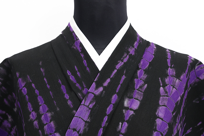 ひでや工房 木綿着物 綿ちりめん 絞り染め 黒×紫