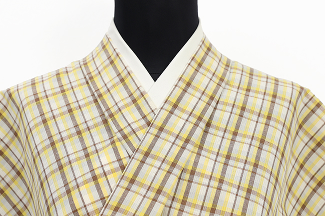 片貝木綿 木綿着物 紺仁工房 チェック 黄色×焦茶