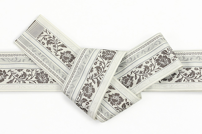 あづまやオリジナル 博多織 西村織物 正絹 角帯 五分詰牡丹 白