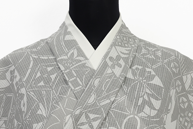 紺仁工房 綿麻紅梅 夏着物 越後型染 花柄寄せ 灰色