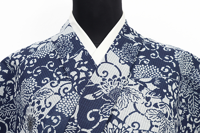 紺仁工房 綿麻紅梅 夏着物 越後型染 裂取更紗 菊 紺