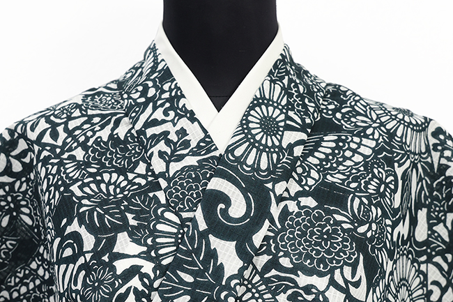 紺仁工房 綿麻紅梅 夏着物 越後型染 裂取更紗 菊と蝶 黒緑