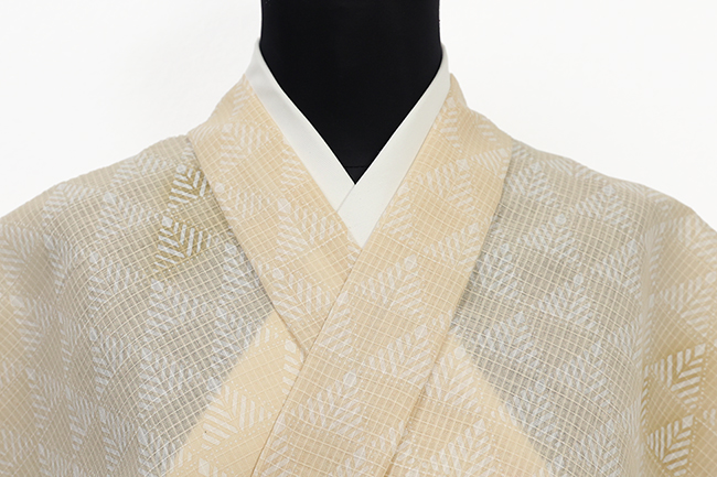 紺仁工房 綿麻紅梅 夏着物 越後型染 幾何学 ツリー ベージュ