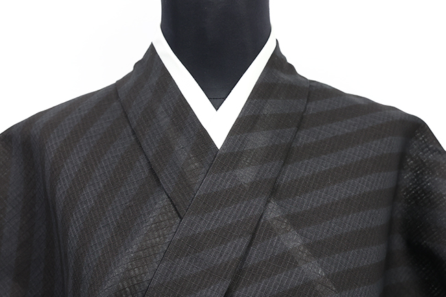 紺仁工房 綿麻紅梅 夏着物 越後型染 斜め縞 黒