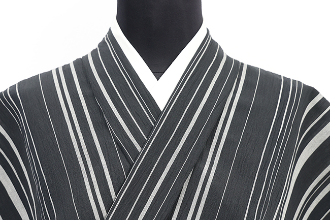 小千谷 綿麻縮 夏着物 楊柳 広幅 やたら縞 墨黒