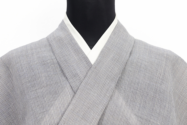 近江ちぢみ 本麻 夏着物 広幅 楊柳 縞 灰色