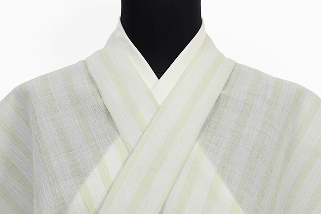 近江ちぢみ 本麻 夏着物 広幅 楊柳 縞 白×薄黄緑
