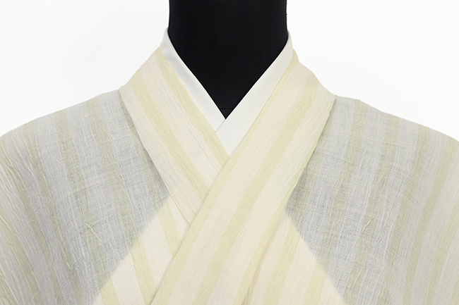 近江ちぢみ 本麻 夏着物 広幅 楊柳 縞 白×薄黄色