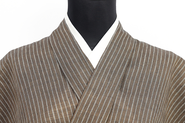 近江ちぢみ 本麻 夏着物 広幅 楊柳 縞 茶色