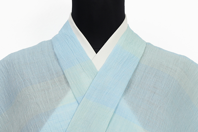 近江ちぢみ 本麻 夏着物 広幅 楊柳 縞 水色
