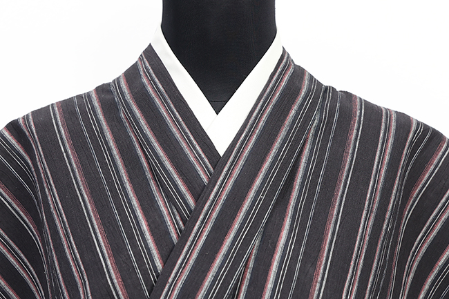 近江ちぢみ 綿麻 夏着物 広幅 楊柳 縞 墨黒×ピンク