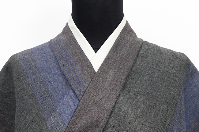 本麻 夏着物 近江 ルポワン染め 縦ぼかし 濃灰×青